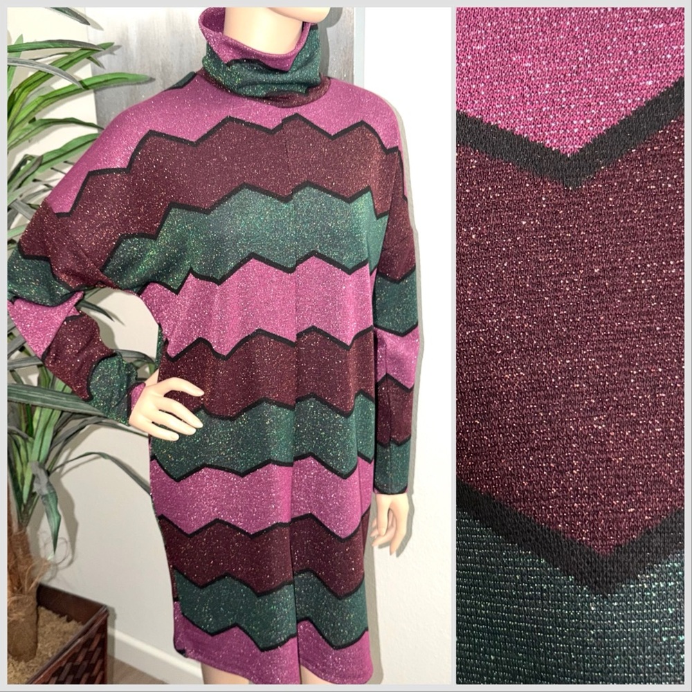 Chevron Patterned Turtleneck Sweater Dress